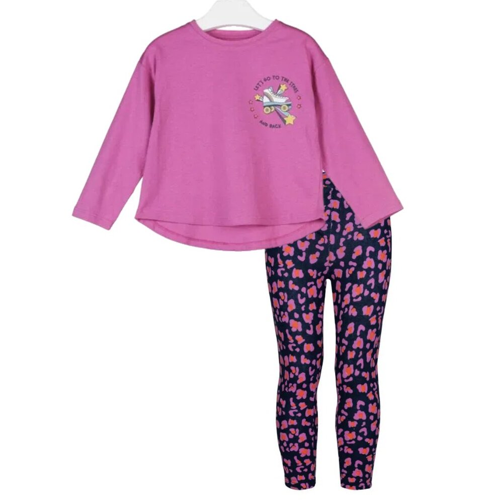 NWT Losan pink t-shirt and navy print fleece leggings set